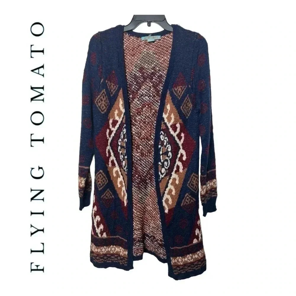 1626. FLYING TOMATO CARDIGAN SIZE SMALL OPEN FRONT LONG SLEEVE AZTEC PATTERN